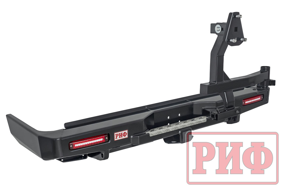 Бампер РИФ силовой задний Toyota Land Cruiser 76 2007-2024 с квадратом под фаркоп, калиткой и фонарями