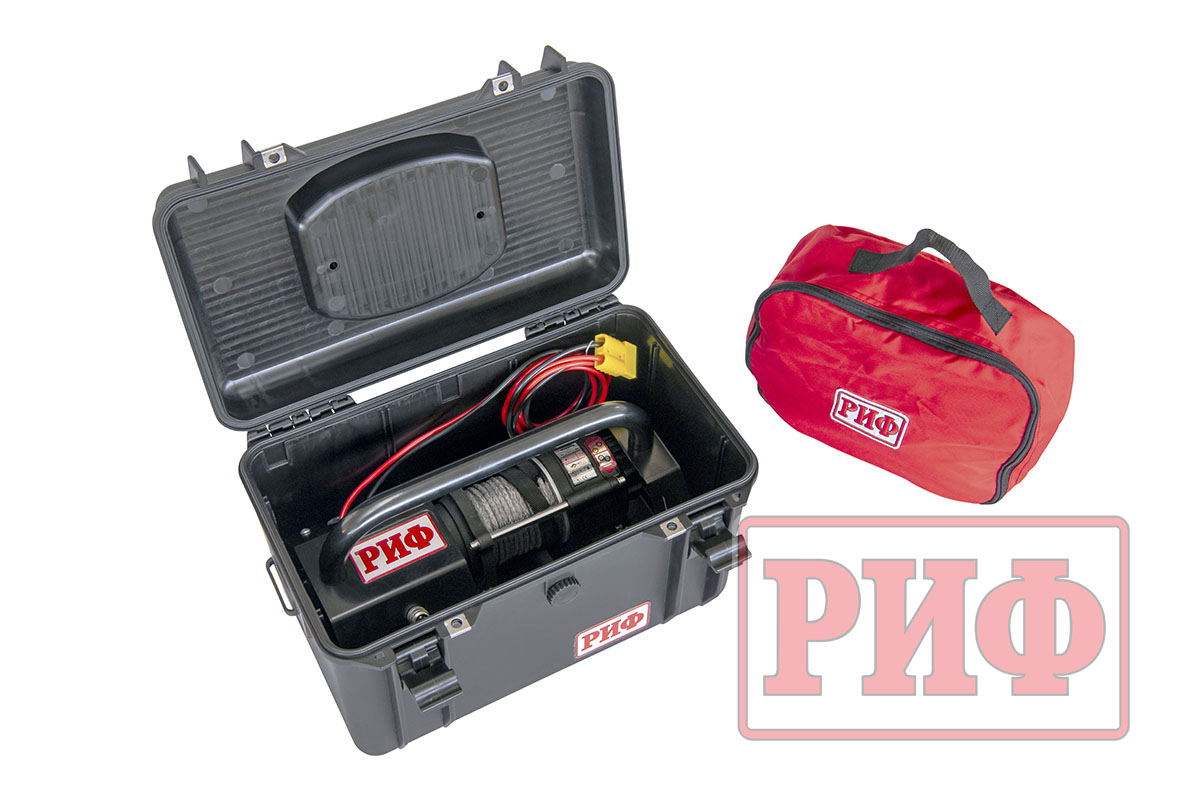 Лебёдка переносная РИФ 3500ASR c малой площадкой и проводами, синтетический трос (в защитном кейсе)