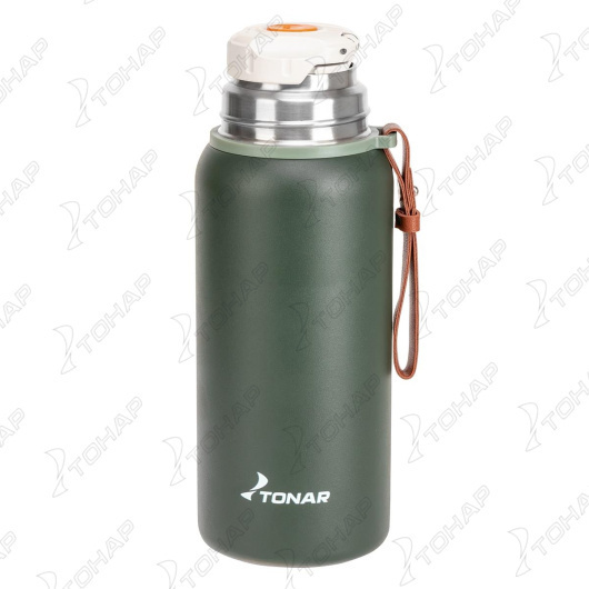 Термос ТОНАР 900ML хаки (пробка-ситечко, крышка-кружка, ремешок)