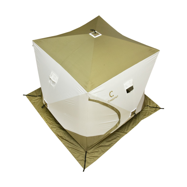 Палатка зимняя куб СЛЕДОПЫТ "Premium" 2,1х2,1 м, 3 слоя, 2 двери, цв. оливковый/белый