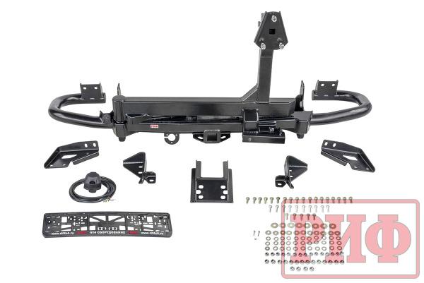 Бампер силовой/защита штатного бампера РИФ УАЗ Патриот 2015+ c квадратом под фаркоп и калиткой, стандарт