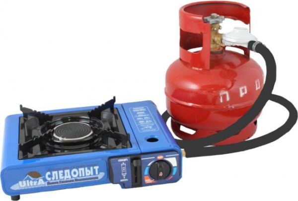 Плита газовая портативная СЛЕДОПЫТ UltrA керамическая конфорка, цанговый баллон, с переходником