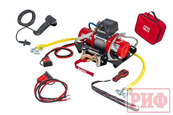 Лебёдка переносная РИФ 9.5XS c облегчённой площадкой и проводами в сборе, короткий барабан, стальной трос