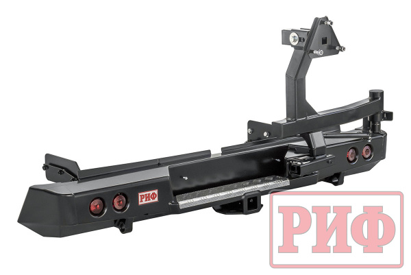 Бампер РИФ силовой задний Mitsubishi L200 2019-2022 с квадратом под фаркоп, калиткой, фонарями, подсветкой номера