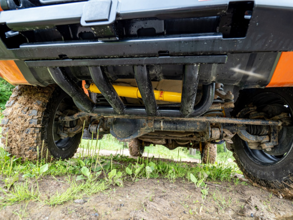 Бампер передний силовой/защита штатного бампера РИФ УАЗ Патриот 2015+ с квадратом под фаркоп и защитой рулевых тяг стандарт