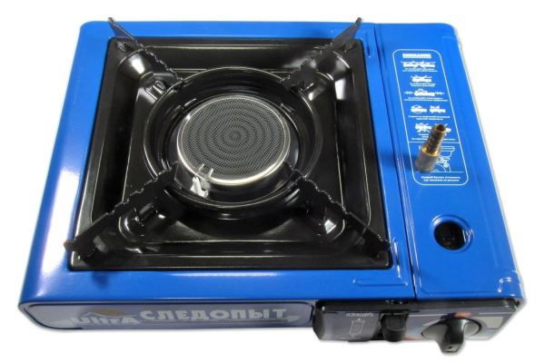 Плита газовая портативная СЛЕДОПЫТ UltrA керамическая конфорка, цанговый баллон, с переходником