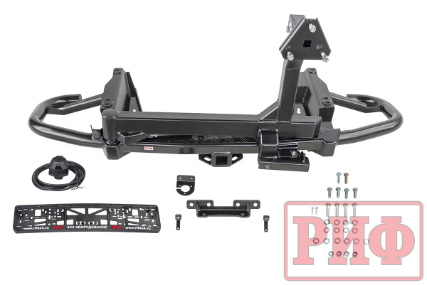 Бампер задний силовой/защита штатного бампера РИФ Toyota Land Cruiser Prado 120 c квадратом под фаркоп, калиткой, подсветкой номера