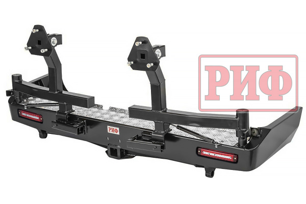 Бампер РИФ силовой задний Toyota Land Cruiser 80 с квадратом под фаркоп, 2-мя калитками, фонарями, подсветкой номера