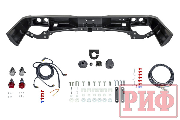Бампер РИФ силовой задний Toyota Land Cruiser 76 2007-2024 с квадратом под фаркоп и фонарями