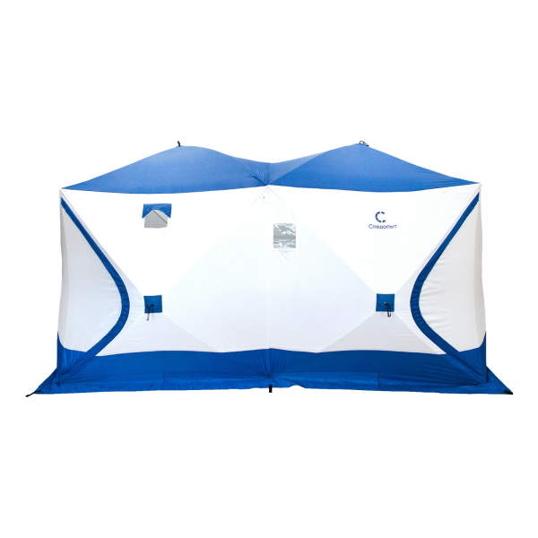 2 Палатка зимняя куб СЛЕДОПЫТ, 3,8х1,9 м, 2-комнатная, 3 слоя , синий/белый