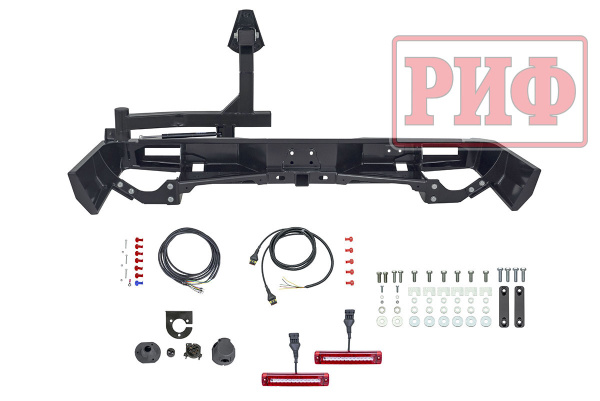 Бампер РИФ силовой задний Toyota Land Cruiser 76 2007-2024 с квадратом под фаркоп, калиткой и фонарями