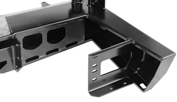 Бампер РИФ силовой задний УАЗ Патриот 2015+ с квадратом под фаркоп, фонарями, 2-мя калитками, подсветкой номера, стандарт