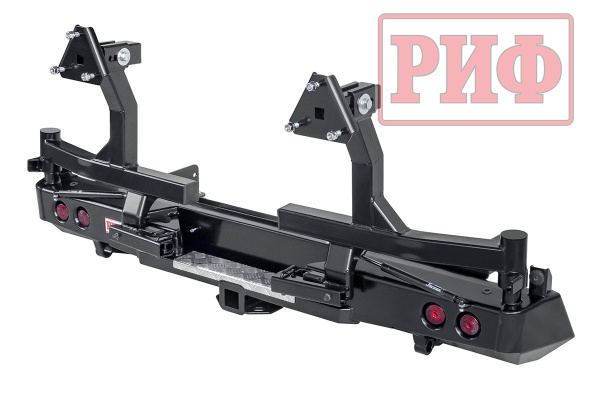 Бампер РИФ силовой задний Isuzu D-MAX (2012-2020) с квадратом под фаркоп, 2-мя калитками, фонарями, подсветкой номера, стандарт